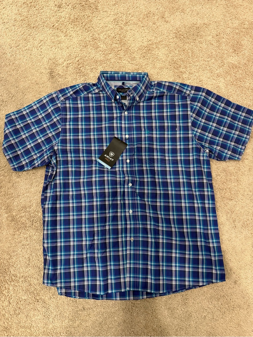 Ariat Pro Series Men’s XL Tall Blue Plaid Short Sleeve Button-Up Shirt NWT